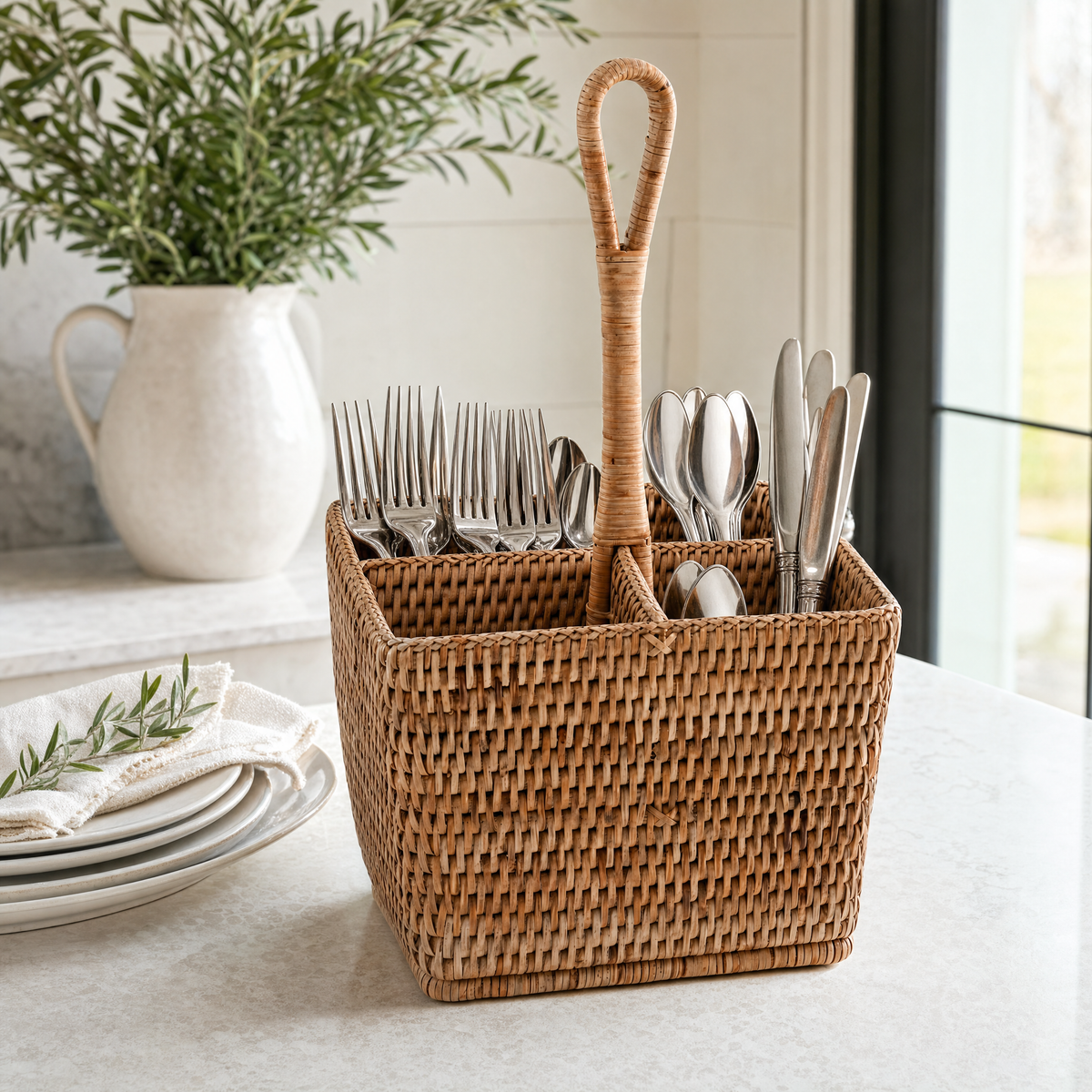 Hand Woven Rattan Wicker Flatware Caddy 4