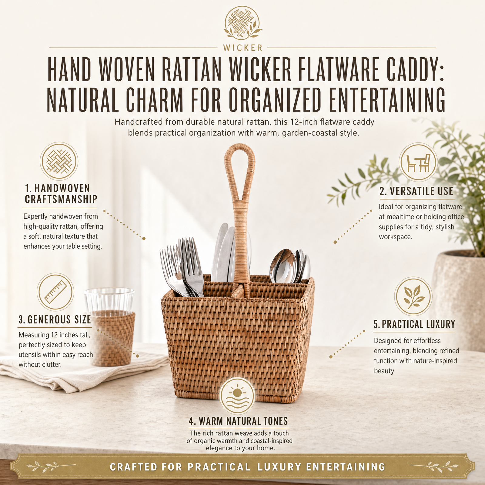 Hand Woven Rattan Wicker Flatware Caddy: Natural Charm for Organized Entertaining