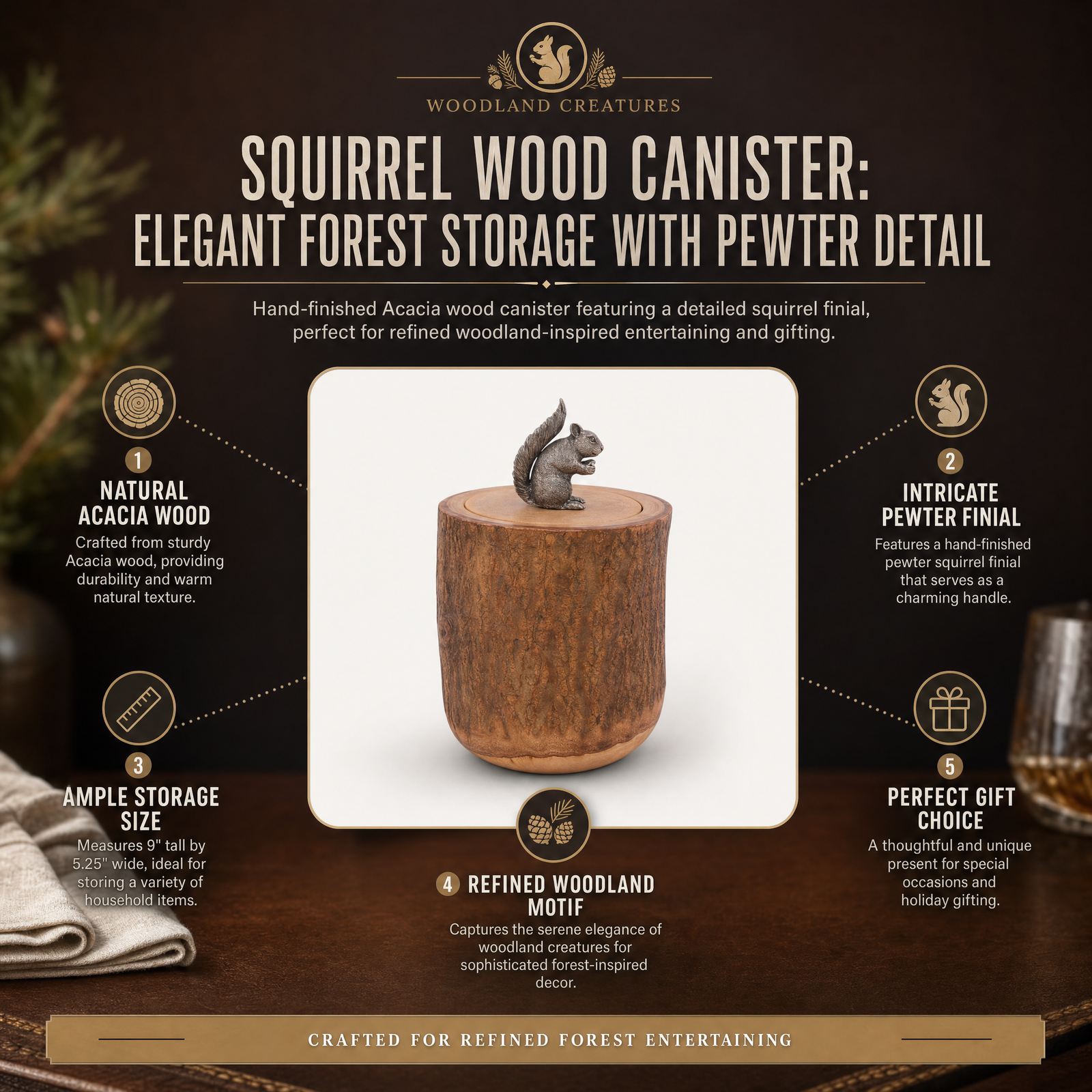 Squirrel Wood Canister: Elegant Forest Storage with Pewter Detail