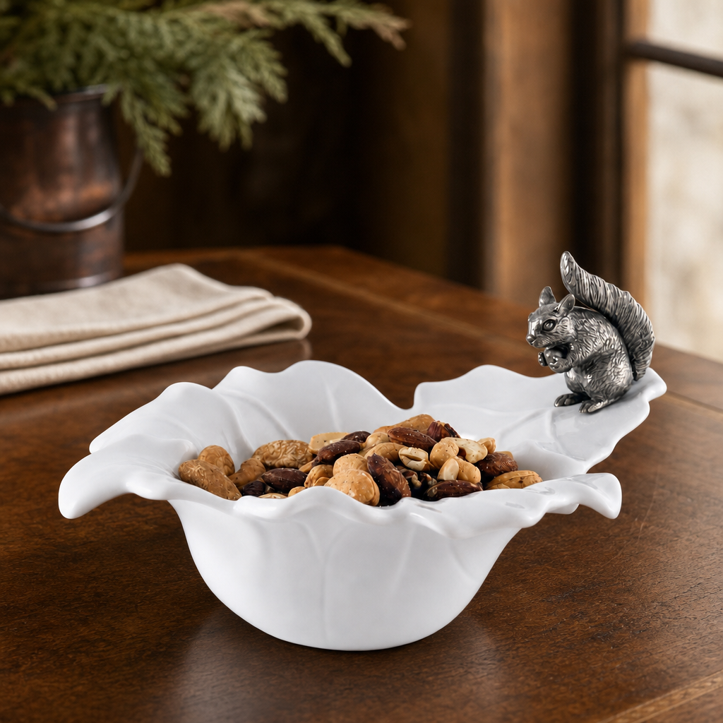 Fine Porcelain Leaf Bowl with Pewter Squirrel 2