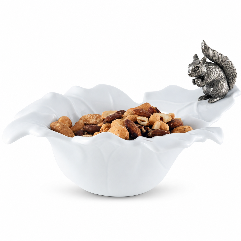 Fine Porcelain Leaf Bowl with Pewter Squirrel 1