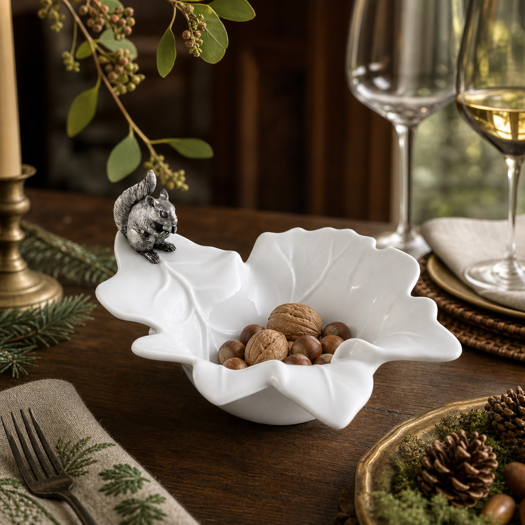 Fine Porcelain Leaf Bowl with Pewter Squirrel 7