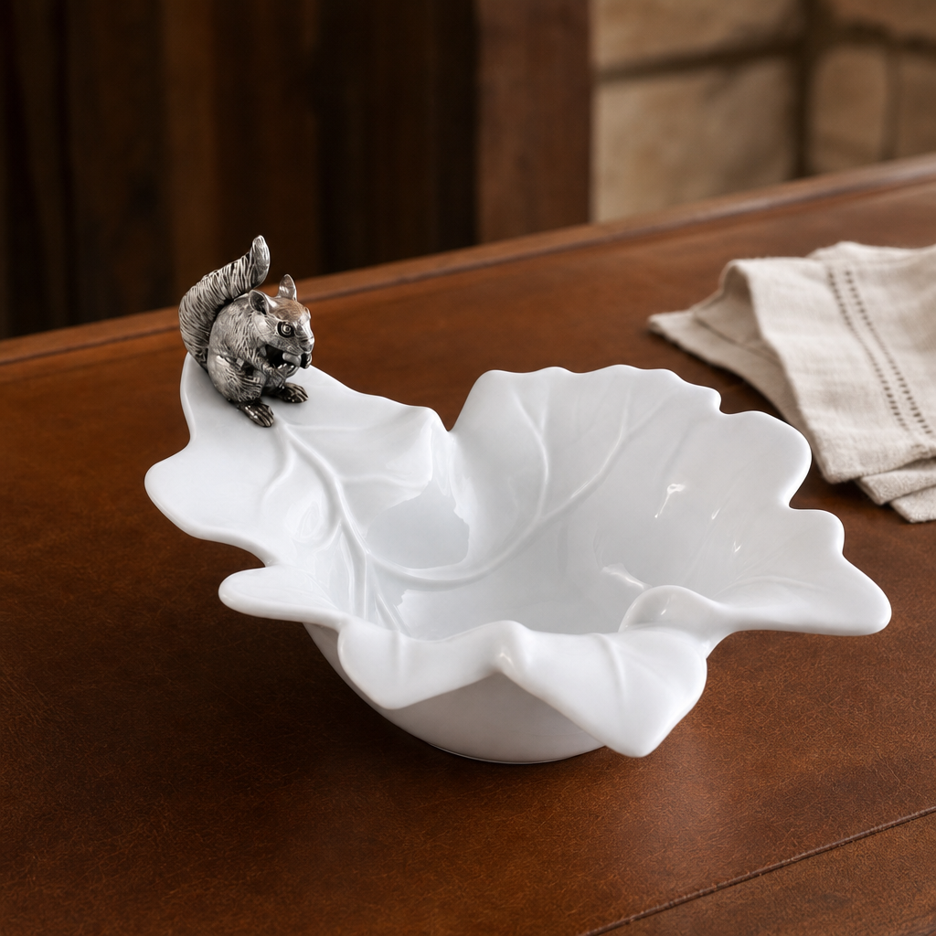 Fine Porcelain Leaf Bowl with Pewter Squirrel 3