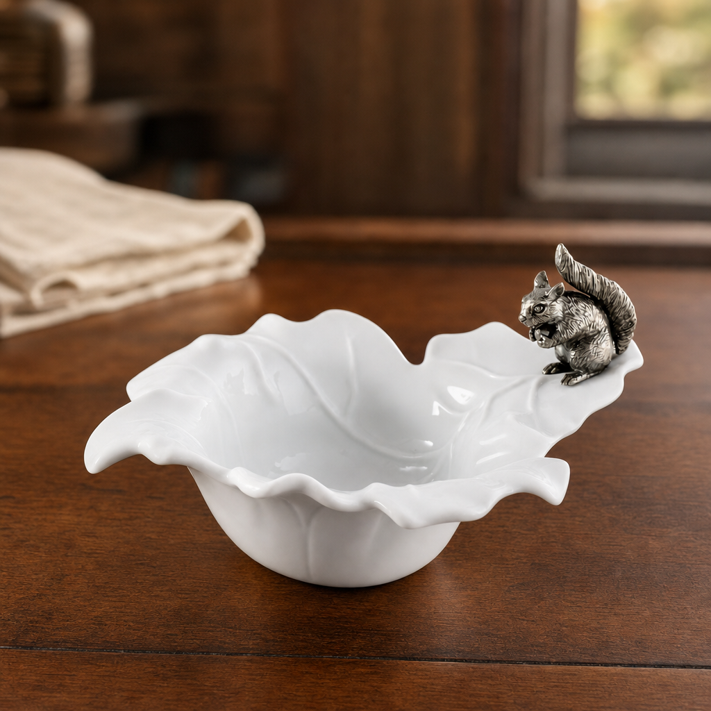 Fine Porcelain Leaf Bowl with Pewter Squirrel 4