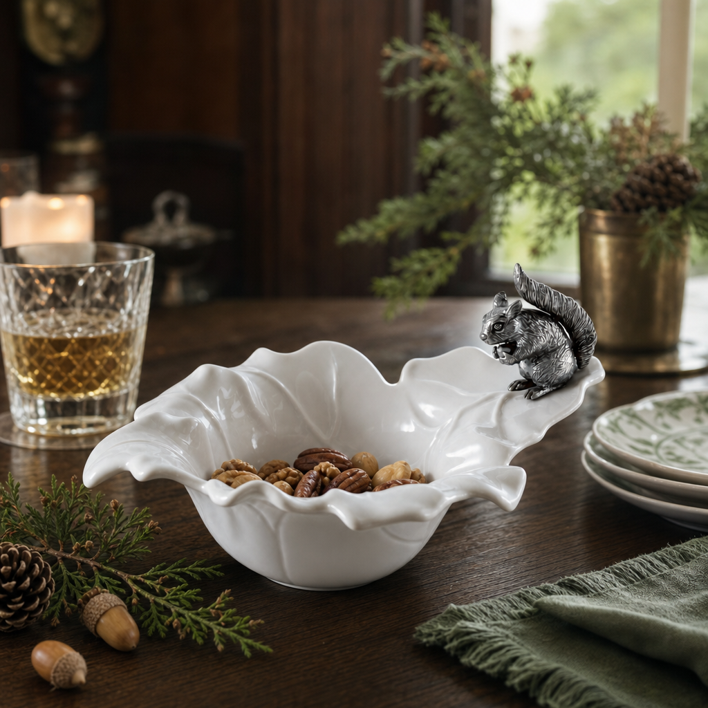 Fine Porcelain Leaf Bowl with Pewter Squirrel 9