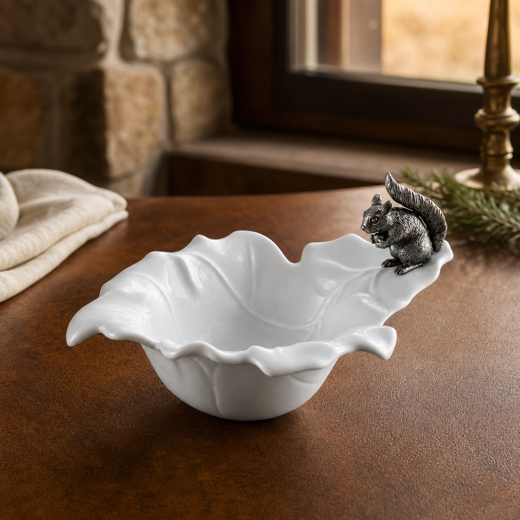 Fine Porcelain Leaf Bowl with Pewter Squirrel 5