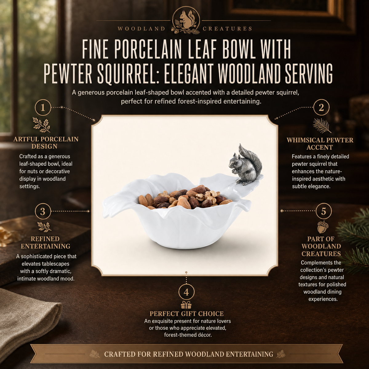 Fine Porcelain Leaf Bowl with Pewter Squirrel 11