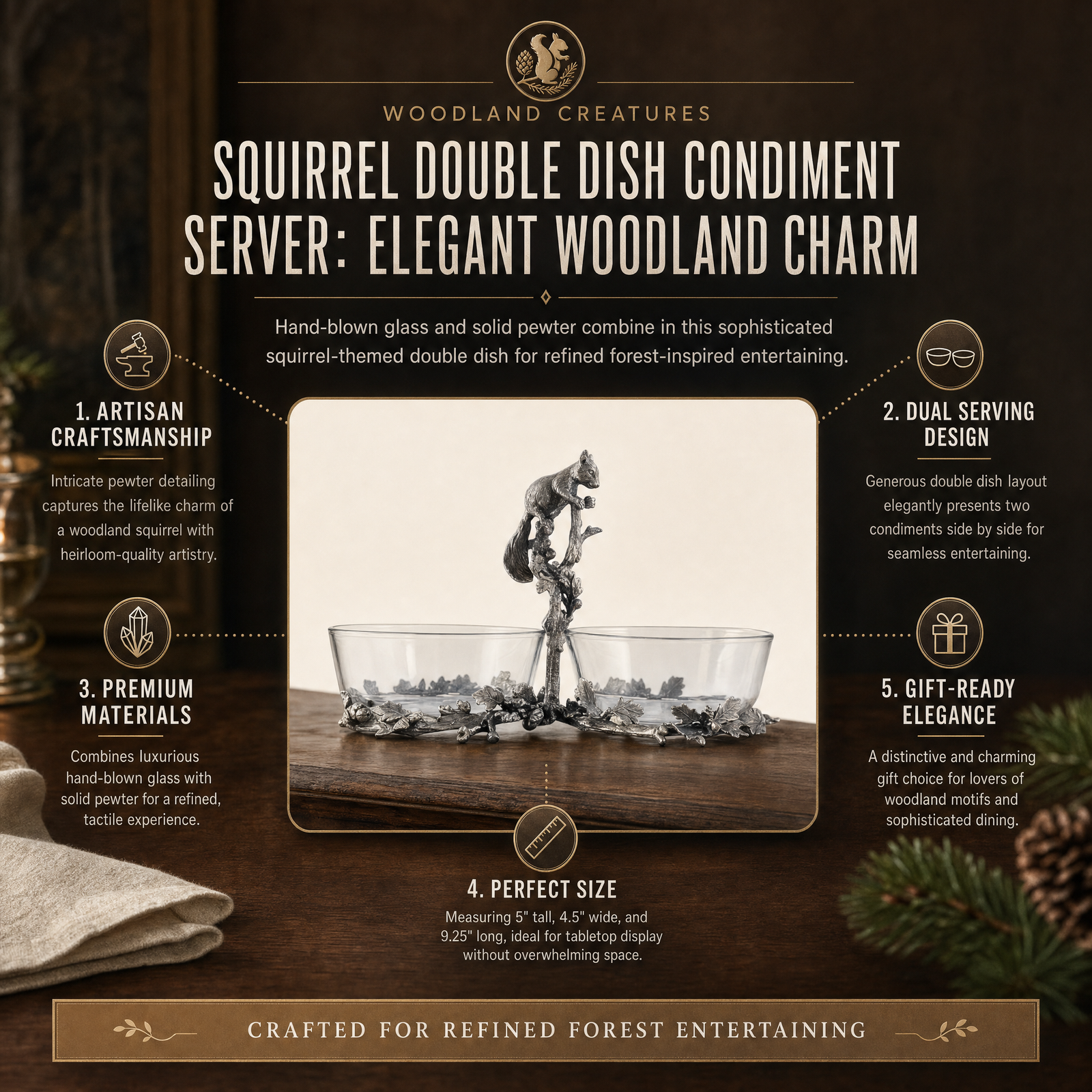 Squirrel Double Dish Condiment Server: Elegant Woodland Charm