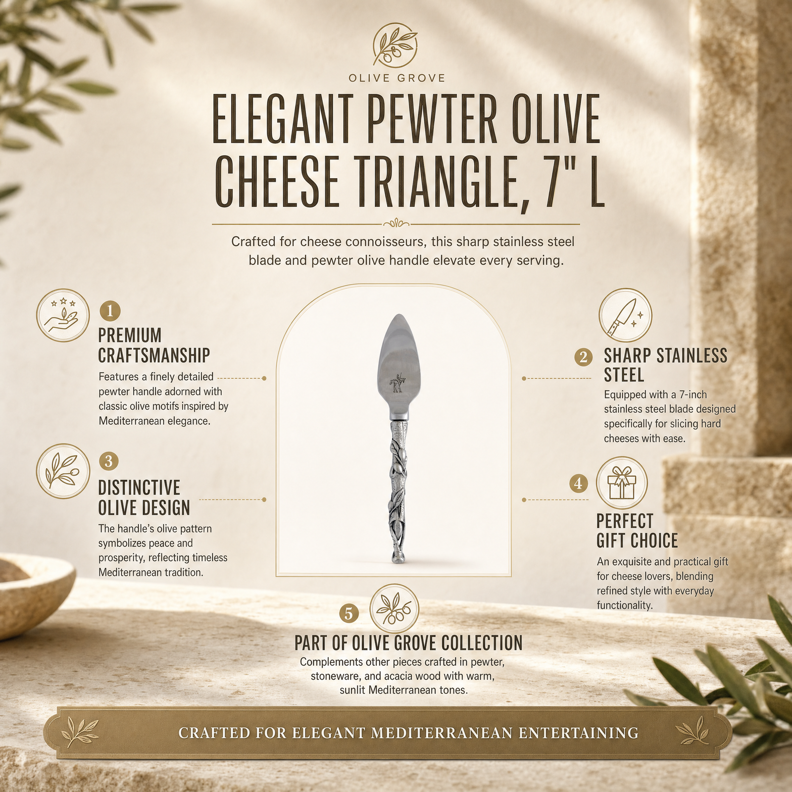 Elegant Pewter Olive Cheese Triangle, 7" L