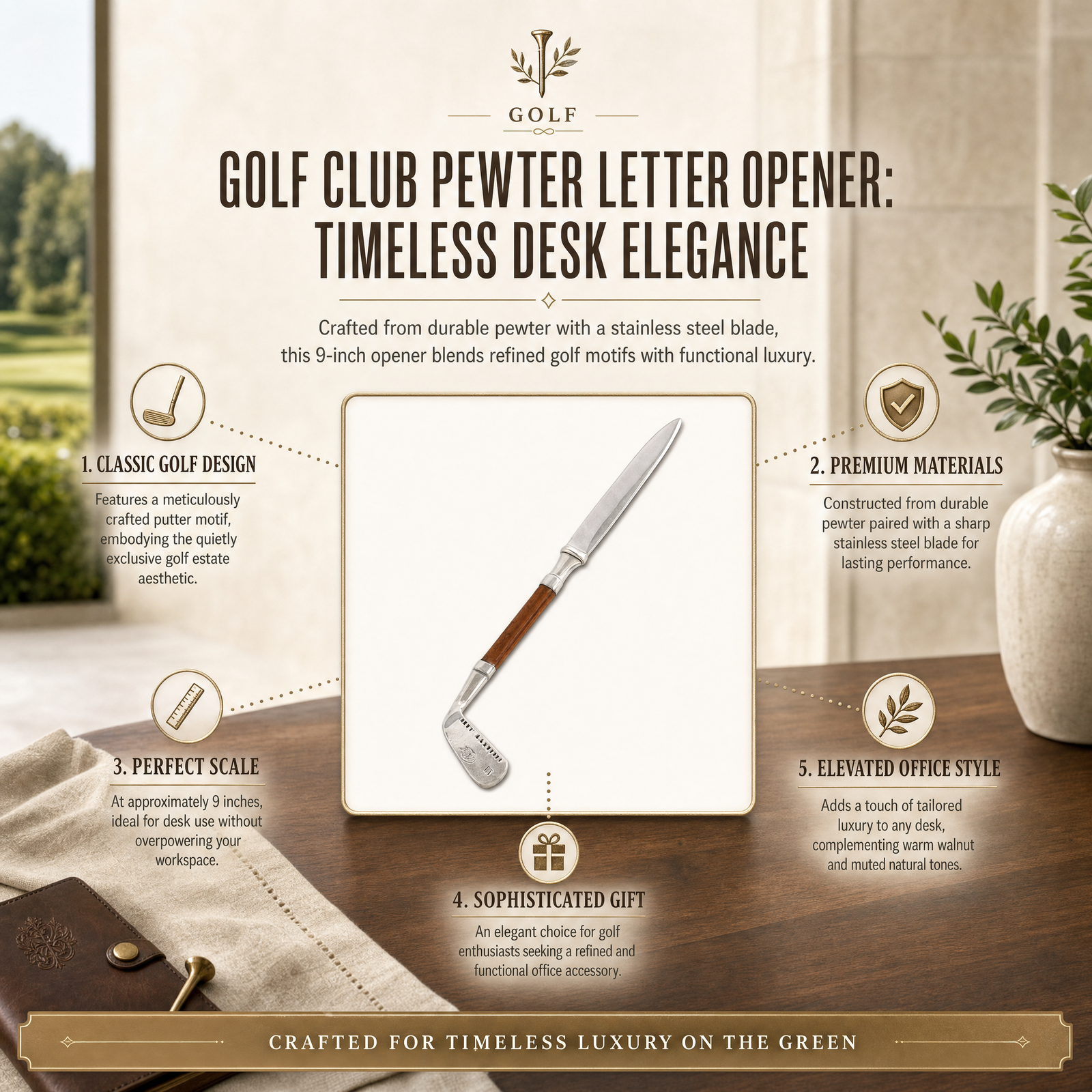 Golf Club Pewter Letter Opener: Timeless Desk Elegance