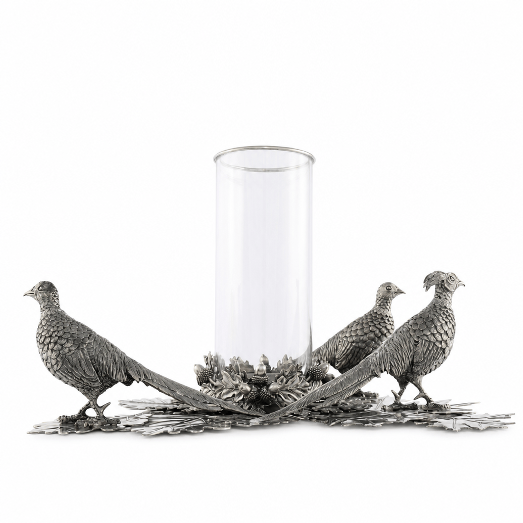 Pewter Pheasants Pillar Hurricane Centerpiece 10