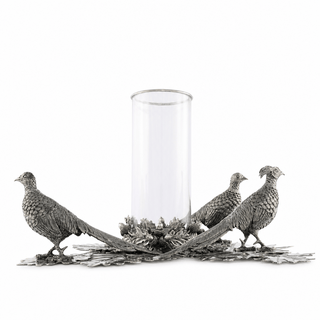 Pewter Pheasants Pillar Hurricane Centerpiece
