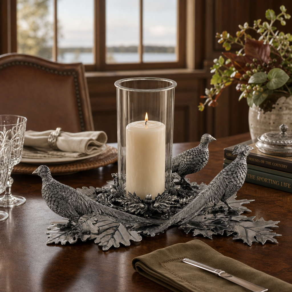 Pewter Pheasants Pillar Hurricane Centerpiece 7