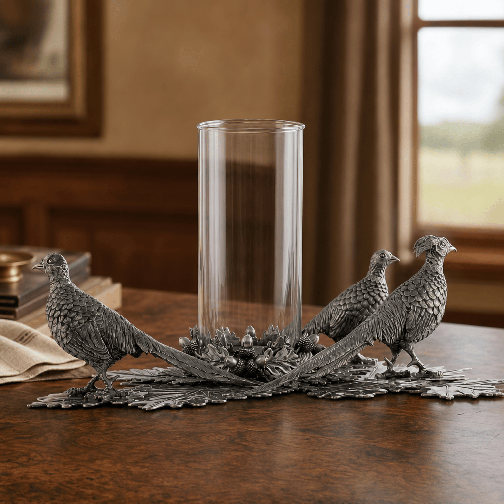 Pewter Pheasants Pillar Hurricane Centerpiece 1