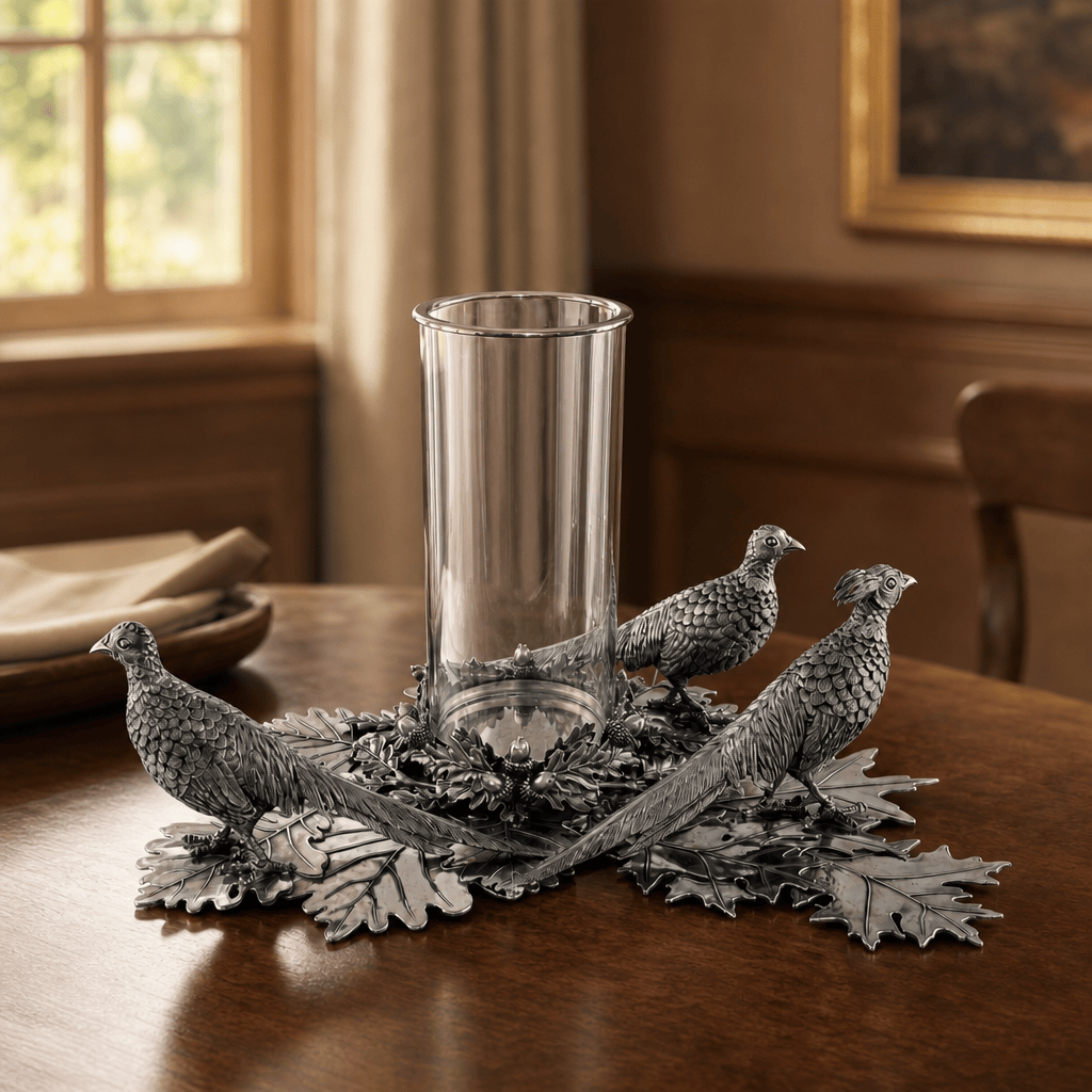 Pewter Pheasants Pillar Hurricane Centerpiece 3