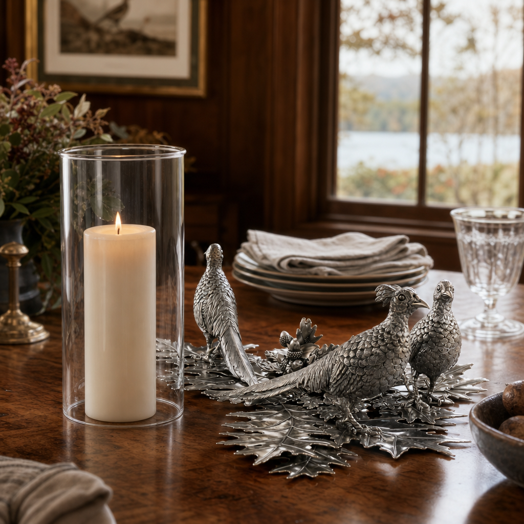 Pewter Pheasants Pillar Hurricane Centerpiece 9