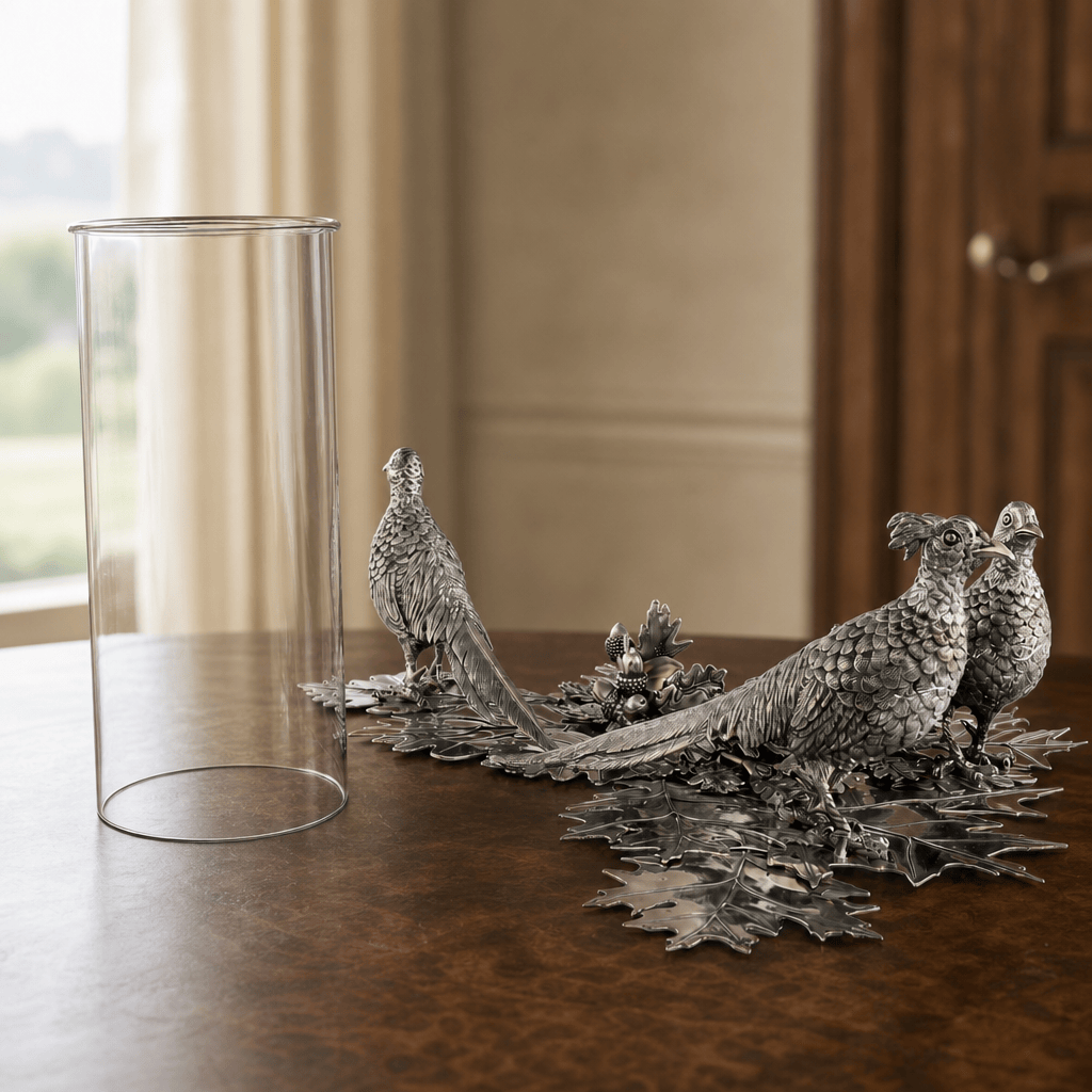 Pewter Pheasants Pillar Hurricane Centerpiece 5