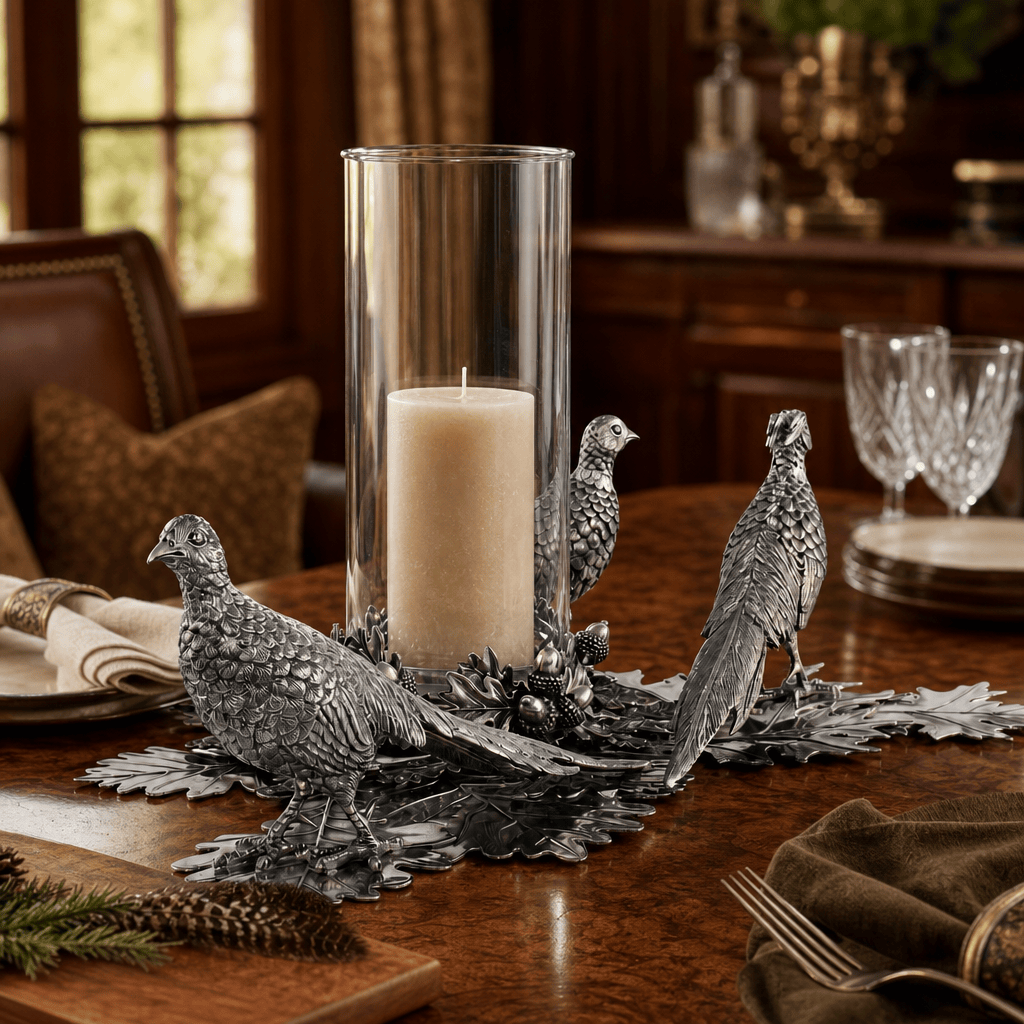 Pewter Pheasants Pillar Hurricane Centerpiece 7