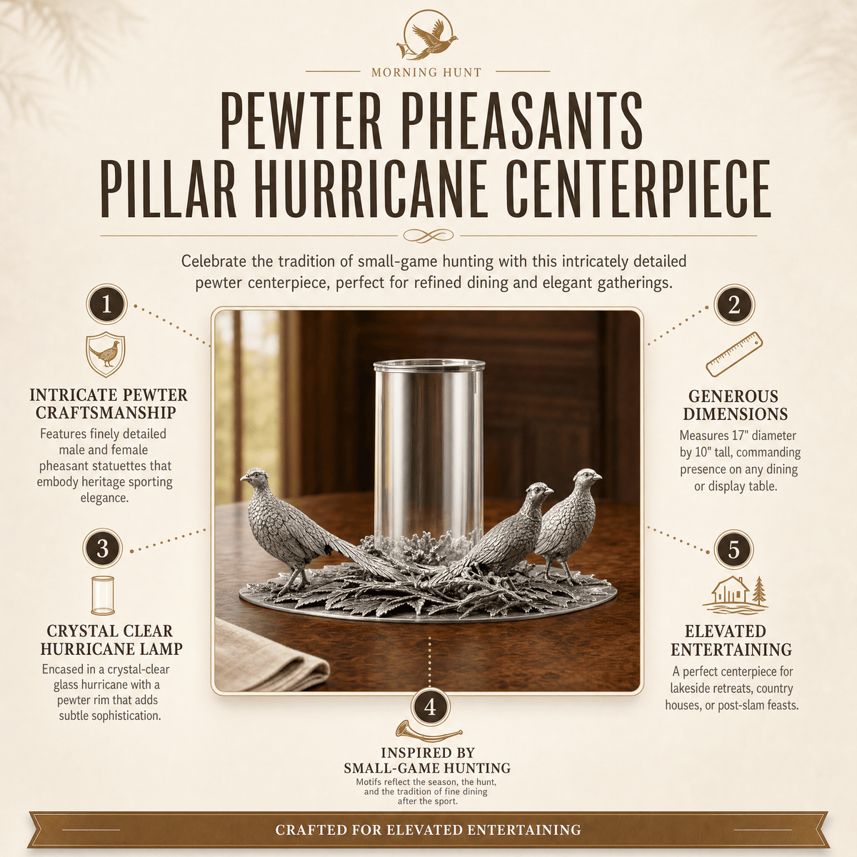 Pewter Pheasants Pillar Hurricane Centerpiece 9