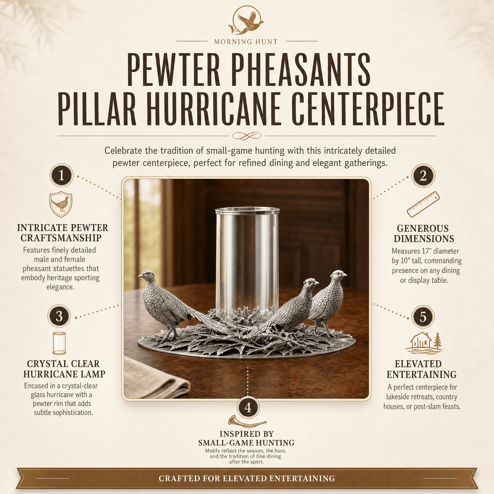 Pewter Pheasants Pillar Hurricane Centerpiece 9