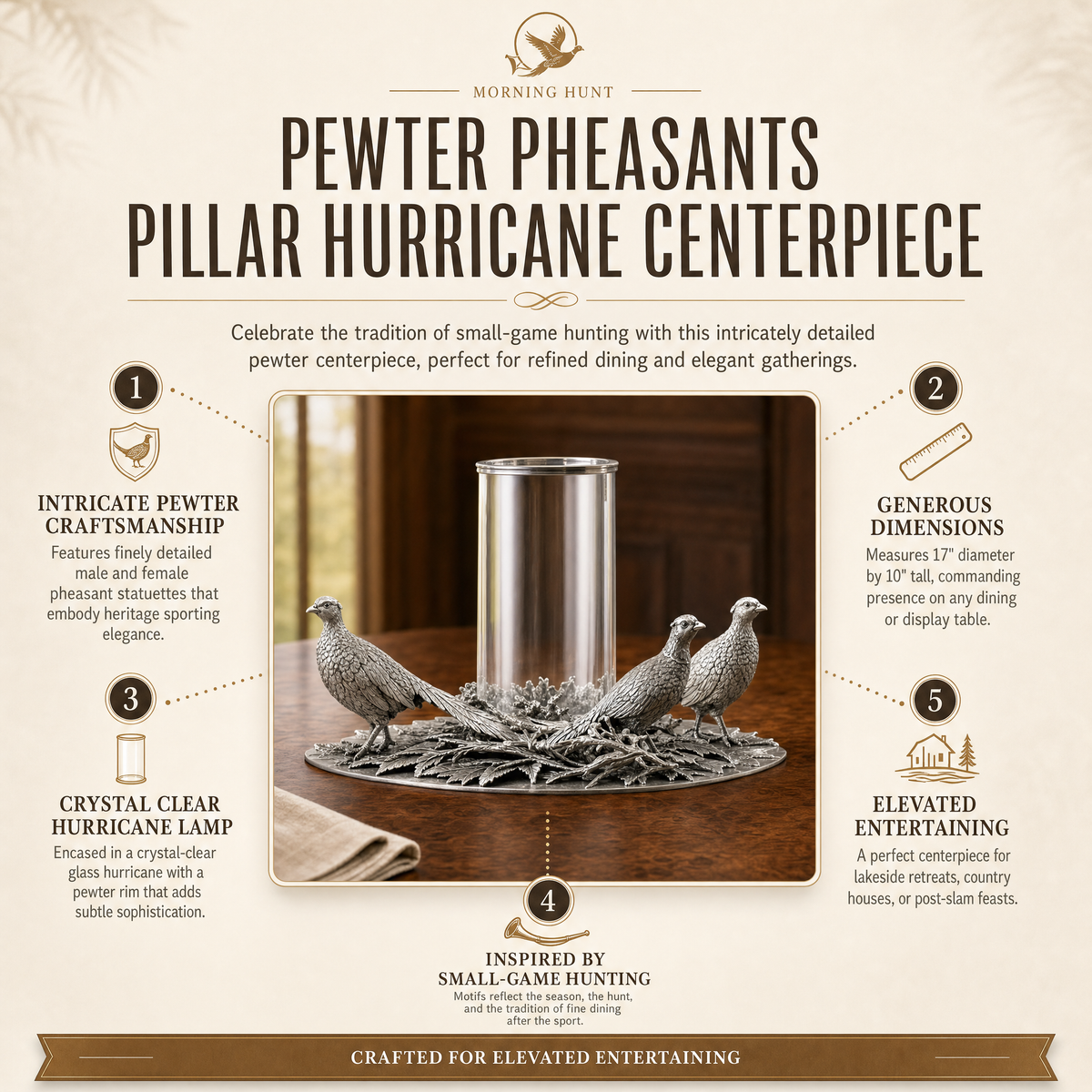 Pewter Pheasants Pillar Hurricane Centerpiece 11