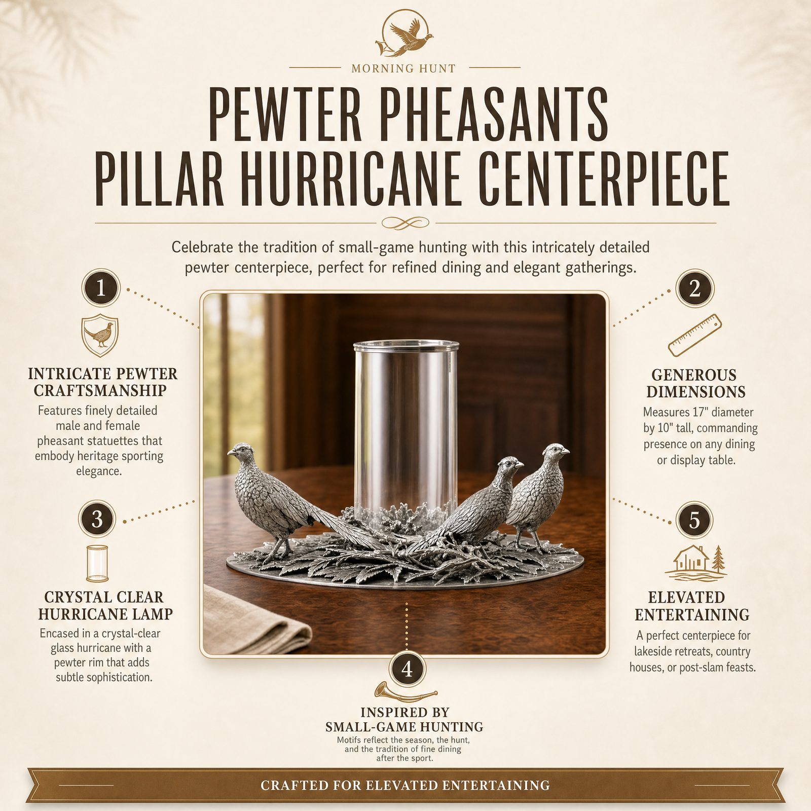 Pewter Pheasants Pillar Hurricane Centerpiece 11