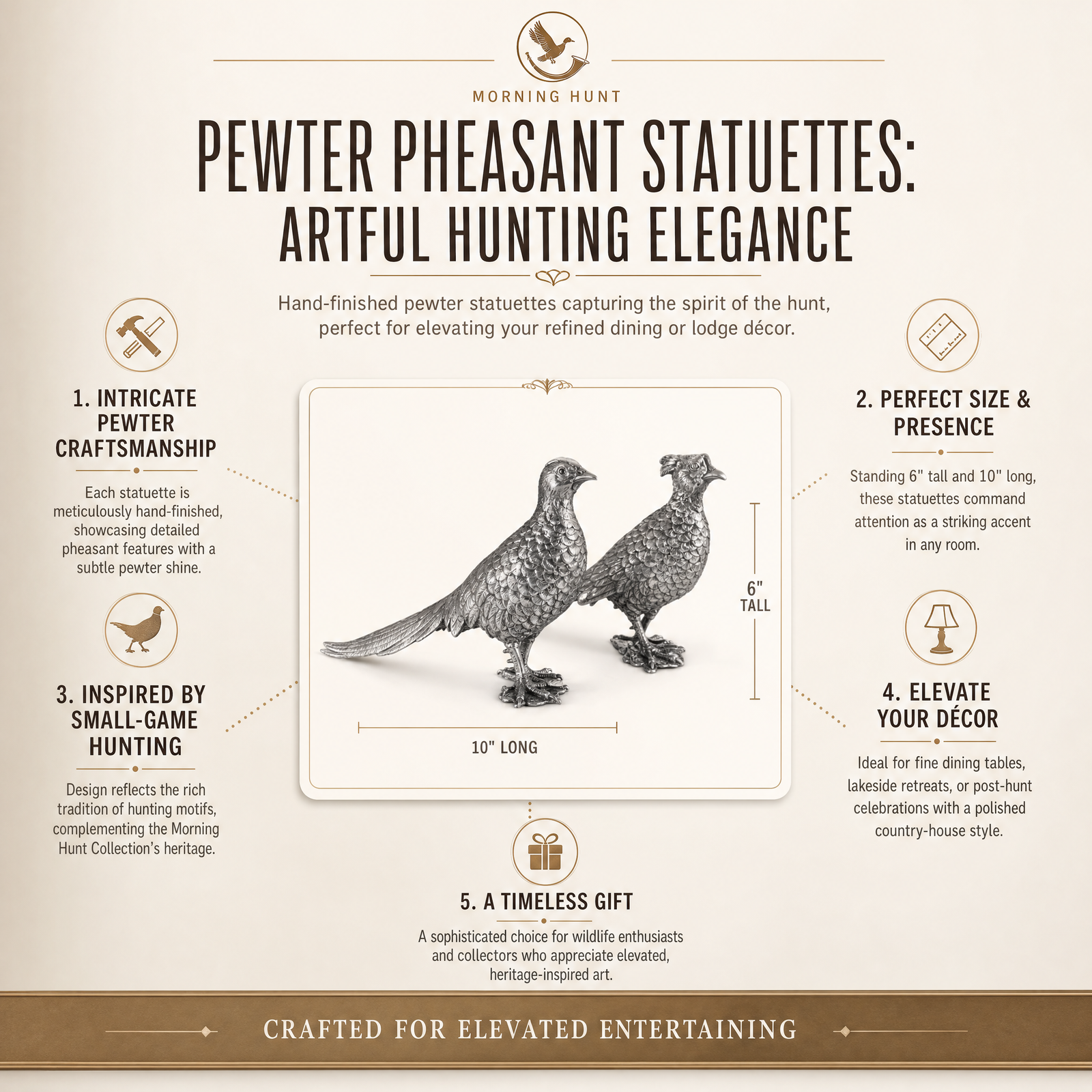 Pewter Pheasant Statuettes: Artful Hunting Elegance