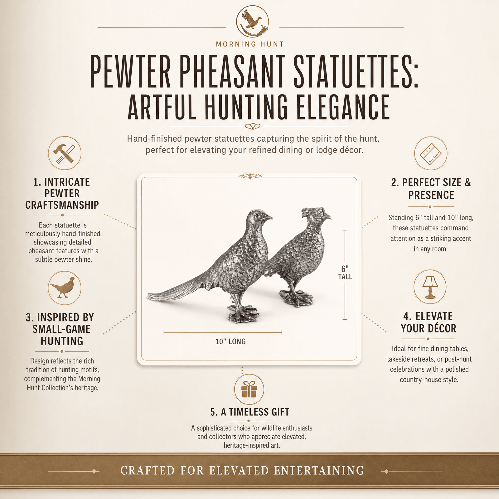 Pewter Pheasant Statuettes: Artful Hunting Elegance