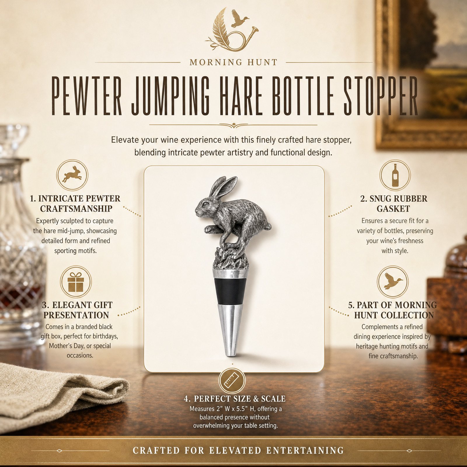 Pewter Jumping Hare Bottle Stopper