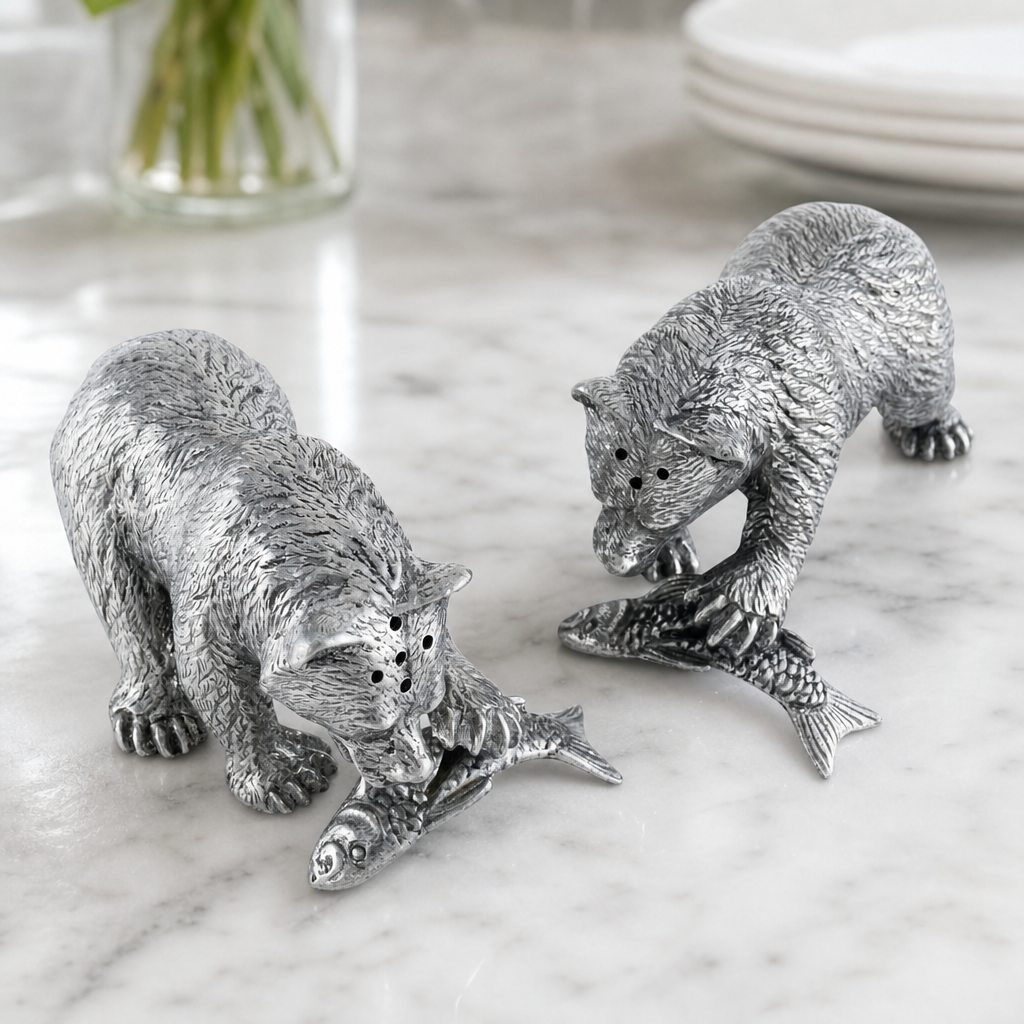 Pewter Fishing Bear Salt & Pepper Set 11