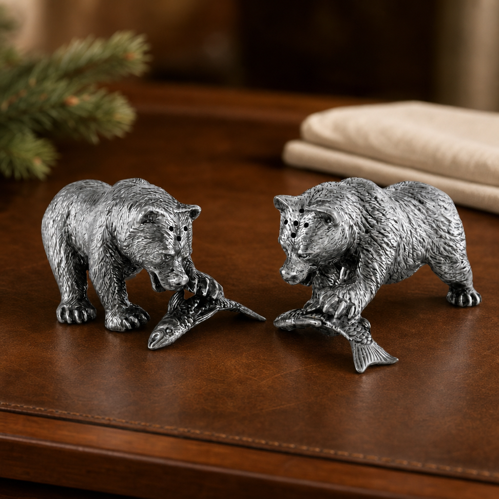 Pewter Fishing Bear Salt & Pepper Set 1