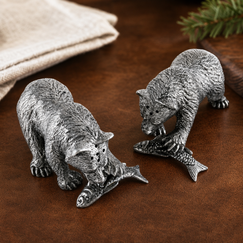 Pewter Fishing Bear Salt & Pepper Set 3