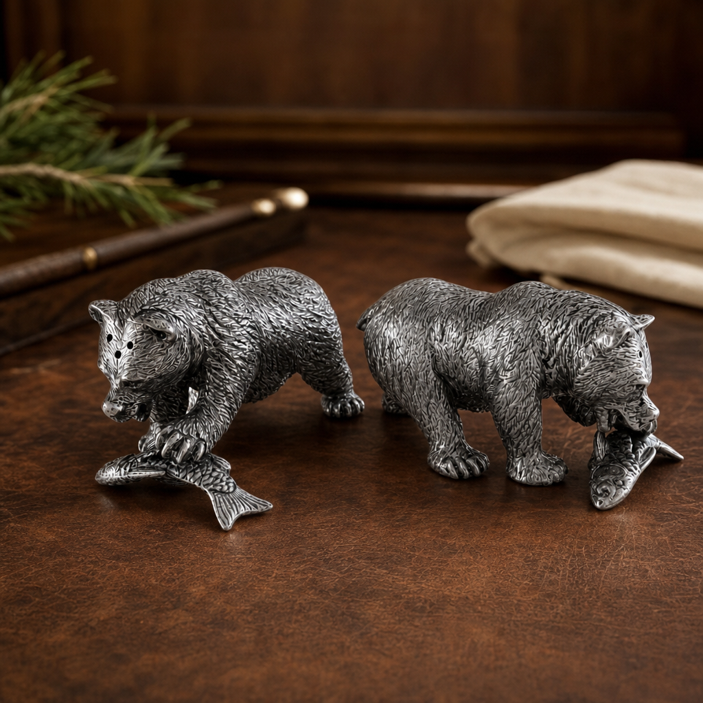Pewter Fishing Bear Salt & Pepper Set 4