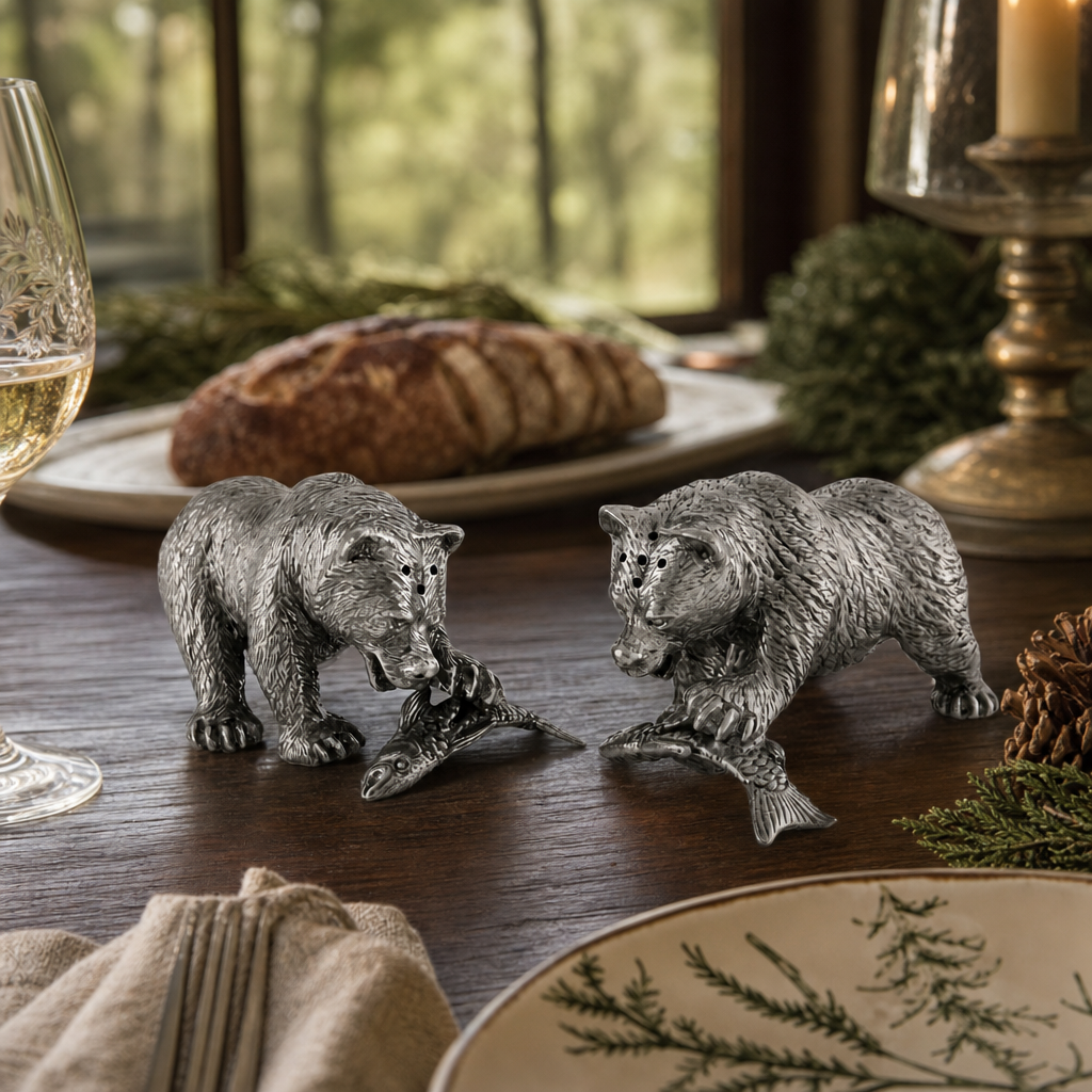 Pewter Fishing Bear Salt & Pepper Set 6