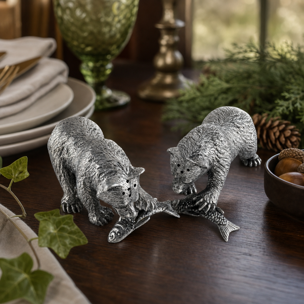 Pewter Fishing Bear Salt & Pepper Set 7
