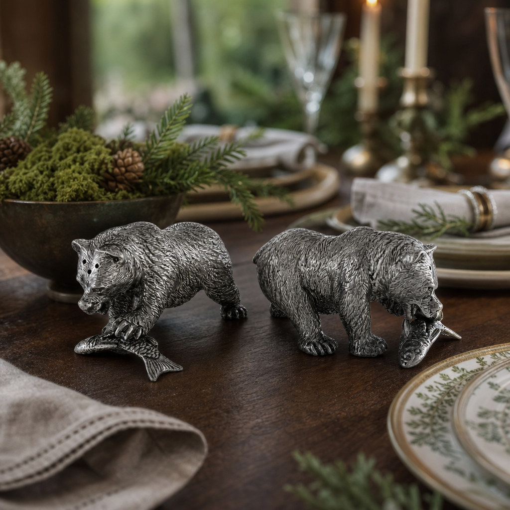 Pewter Fishing Bear Salt & Pepper Set 8
