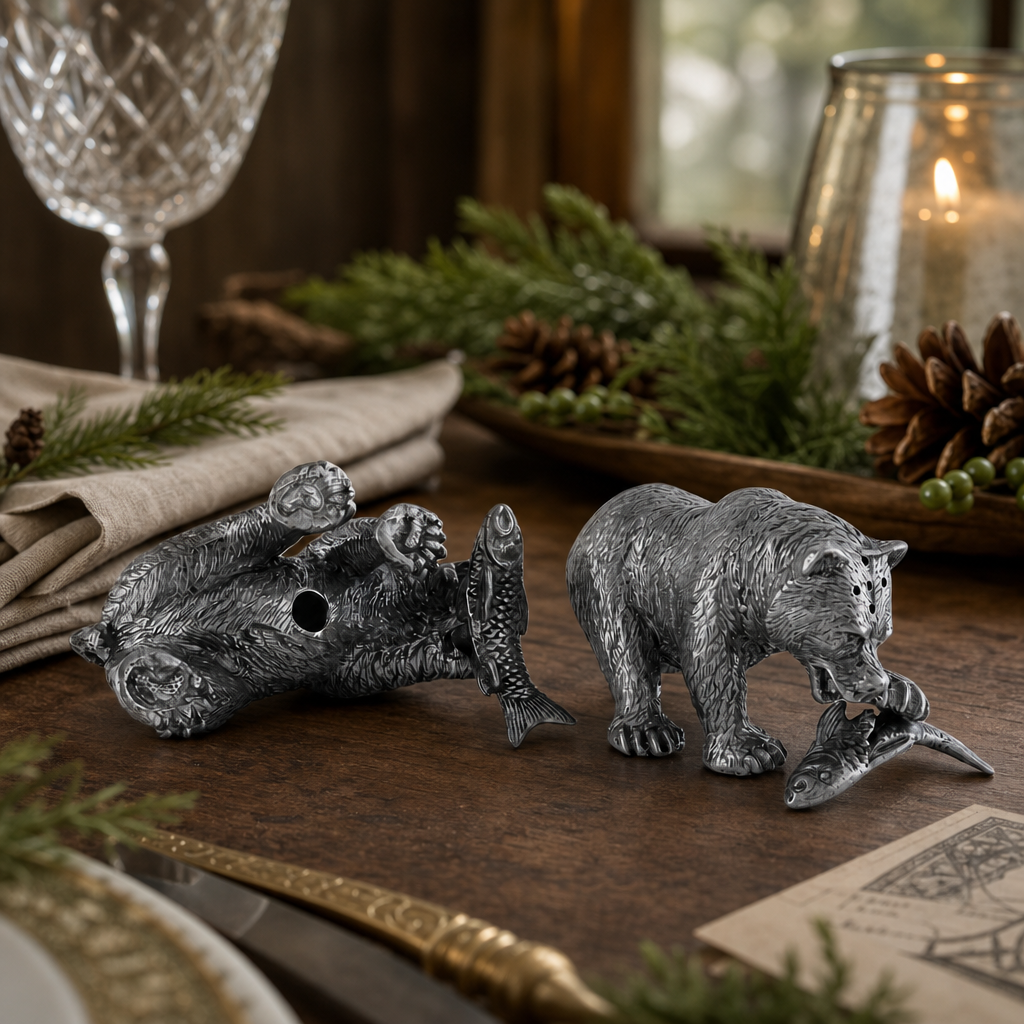 Pewter Fishing Bear Salt & Pepper Set 9