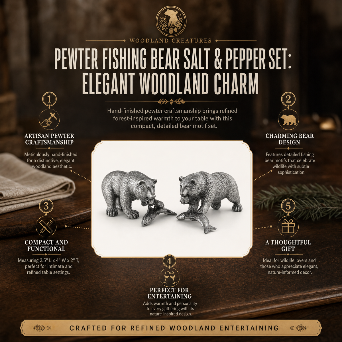 Pewter Fishing Bear Salt &amp; Pepper Set 1