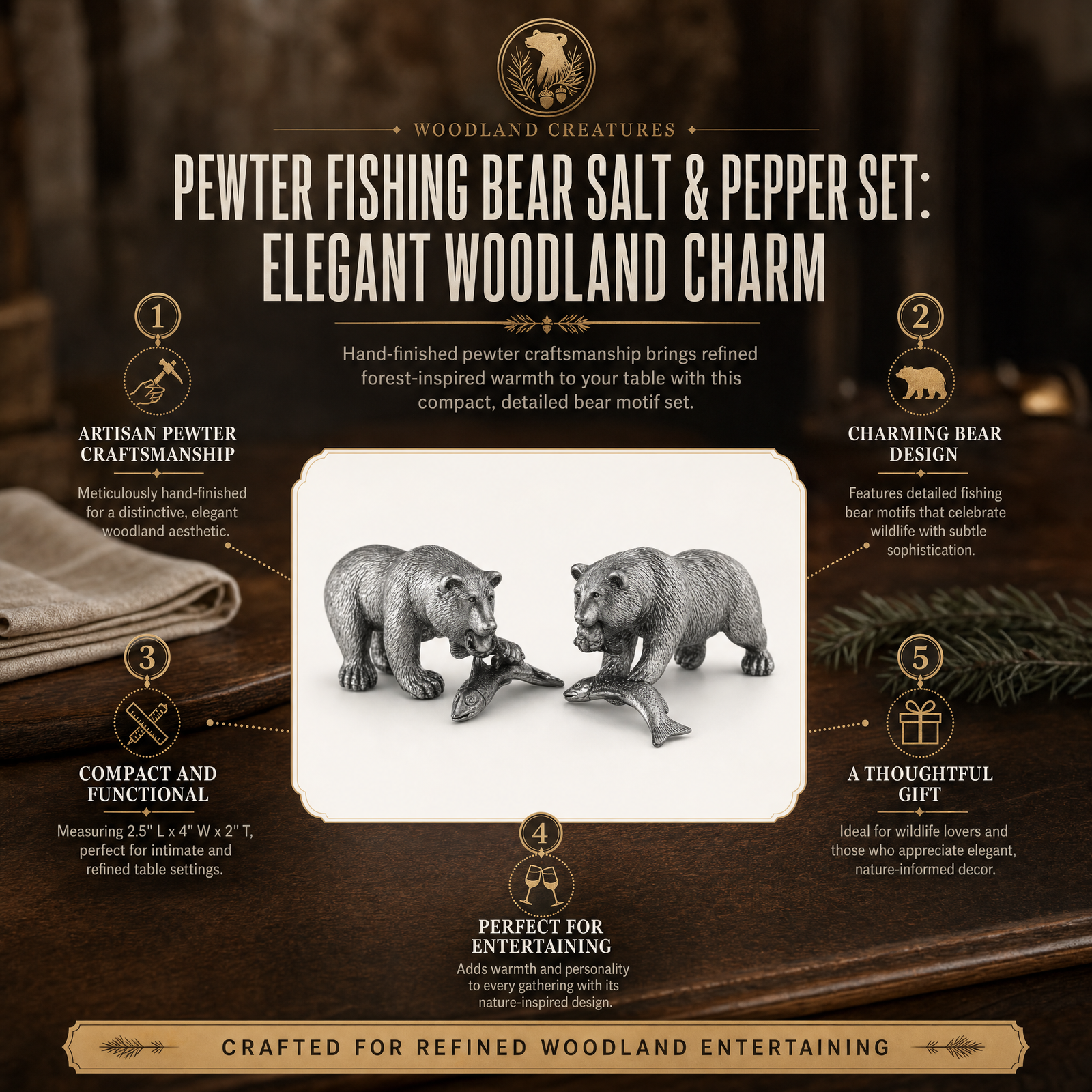 Pewter Fishing Bear Salt & Pepper Set: Elegant Woodland Charm
