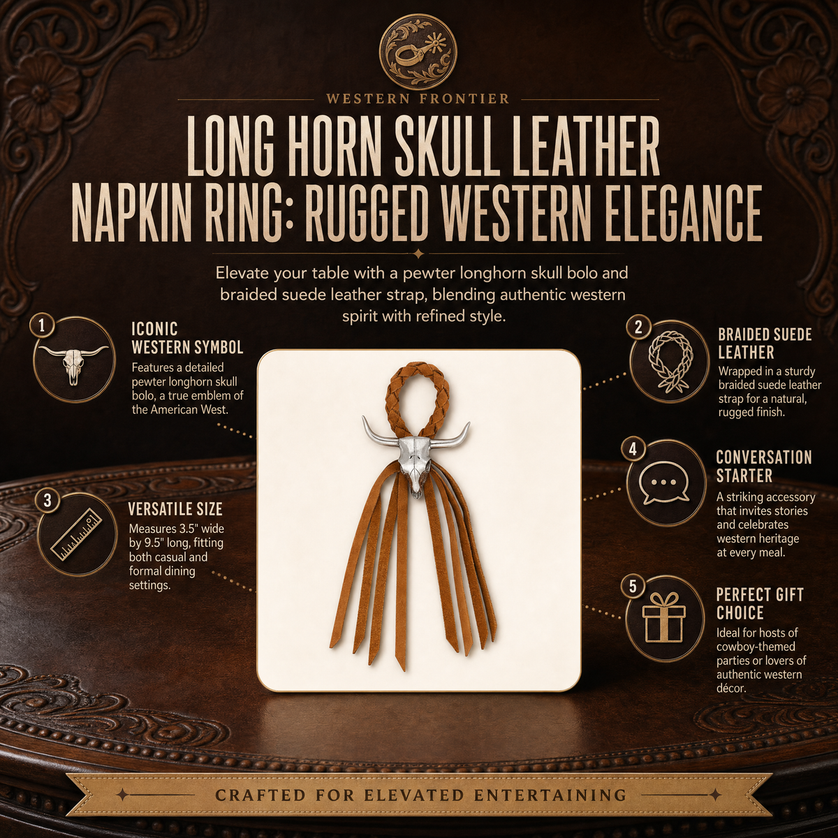 Long Horn Skull Leather Napkin Ring 1