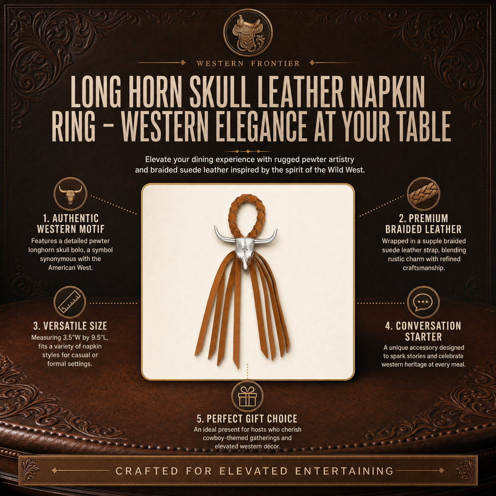 Long Horn Skull Leather Napkin Ring 9