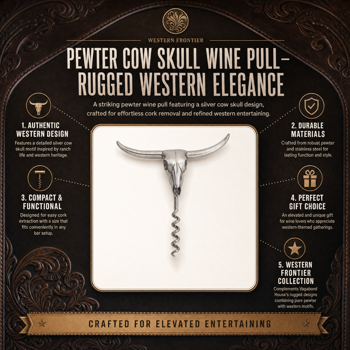 Pewter Cow Skull Wine Pull 9