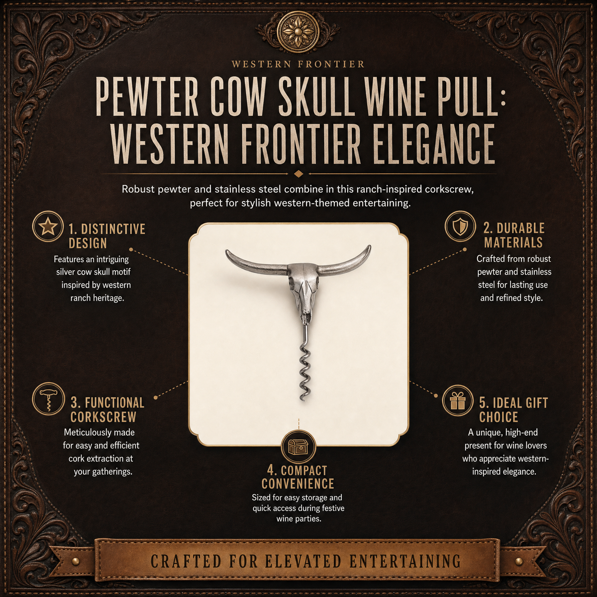 Pewter Cow Skull Wine Pull 1