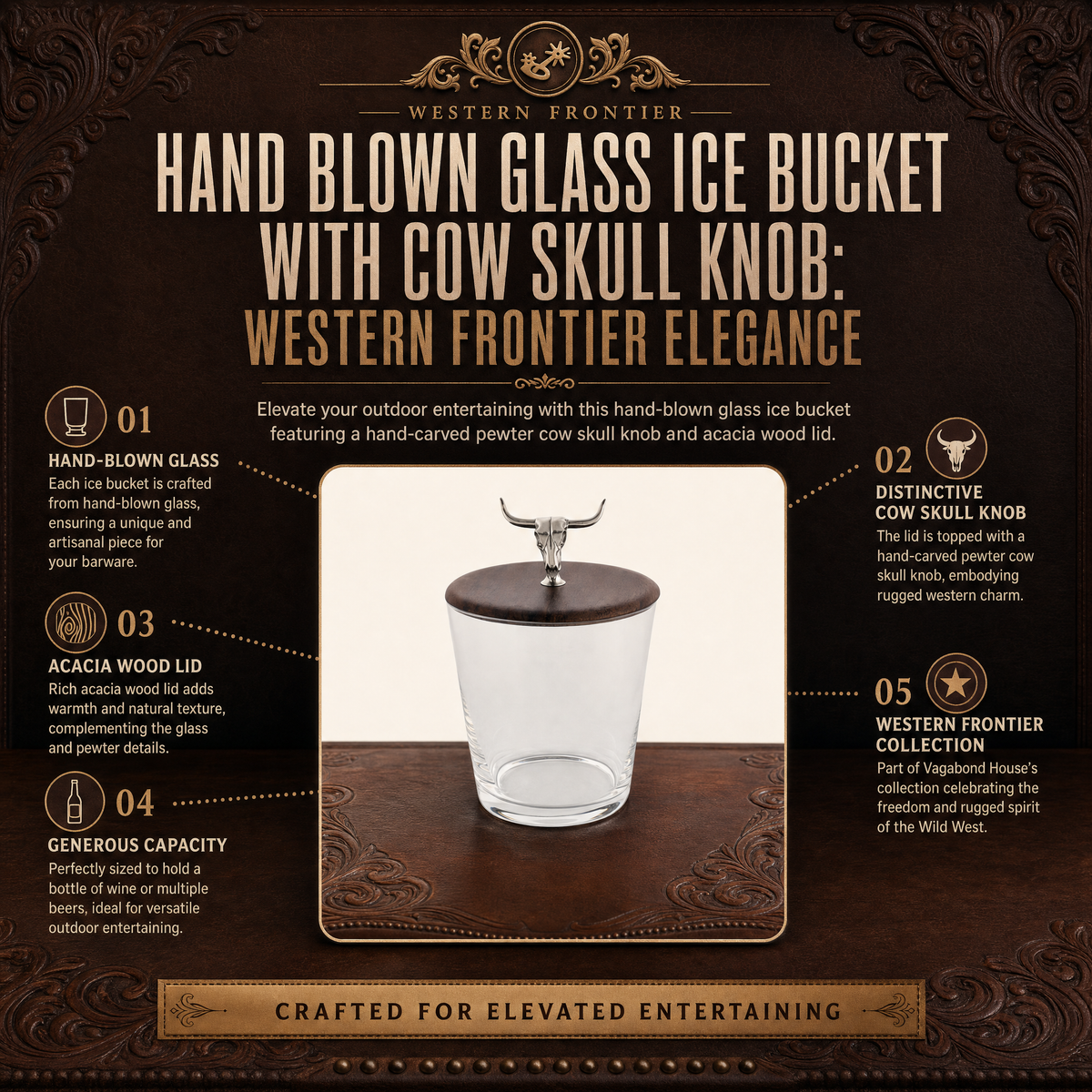 Hand Blown Glass Ice Bucket with Cow Skull Knob 11