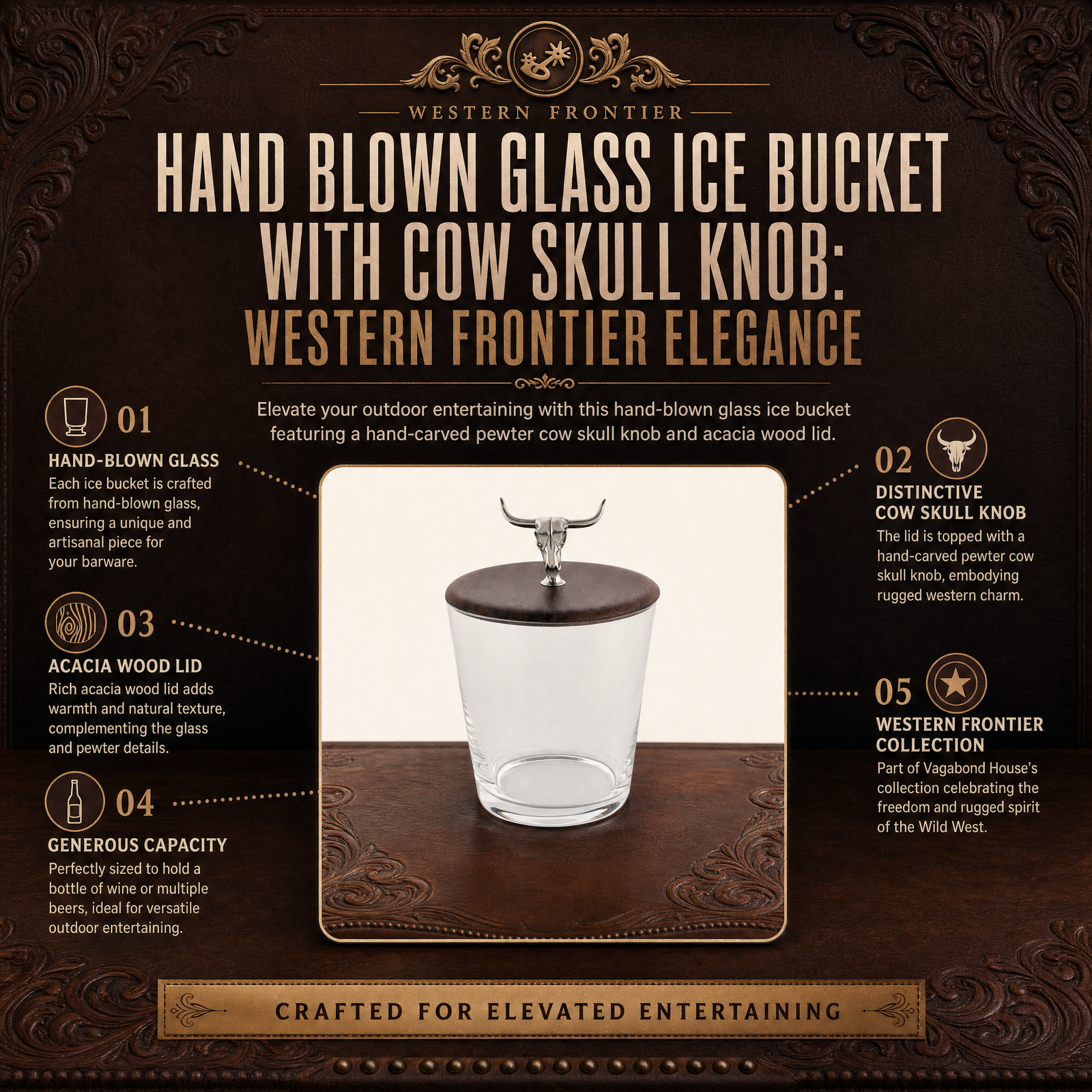 Hand Blown Glass Ice Bucket with Cow Skull Knob 11