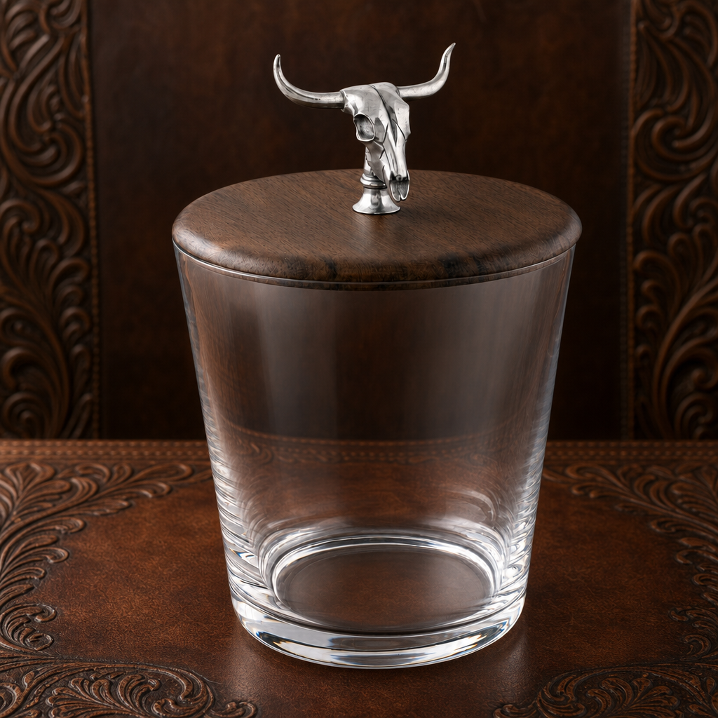 Hand Blown Glass Ice Bucket with Cow Skull Knob 4