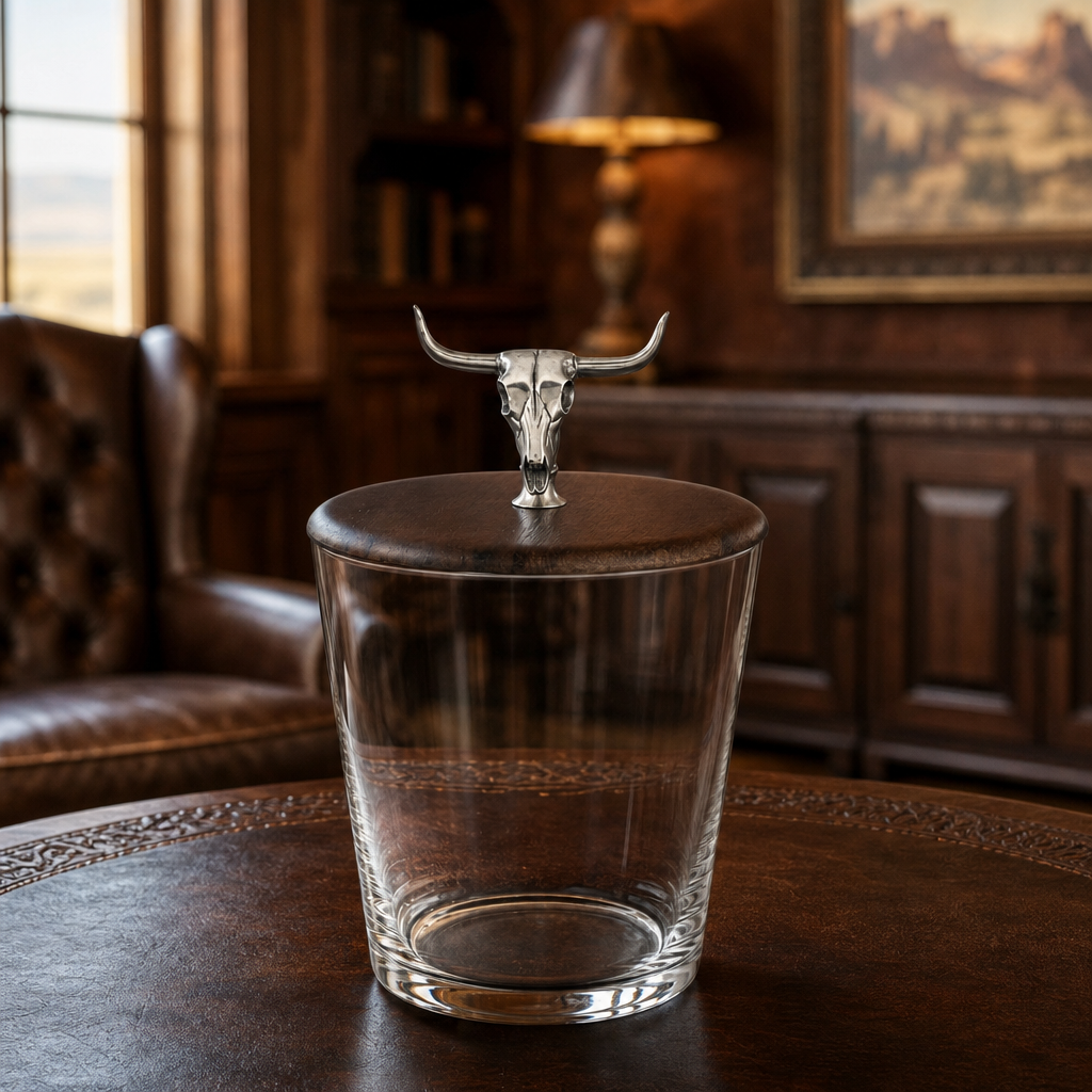 Hand Blown Glass Ice Bucket with Cow Skull Knob 6