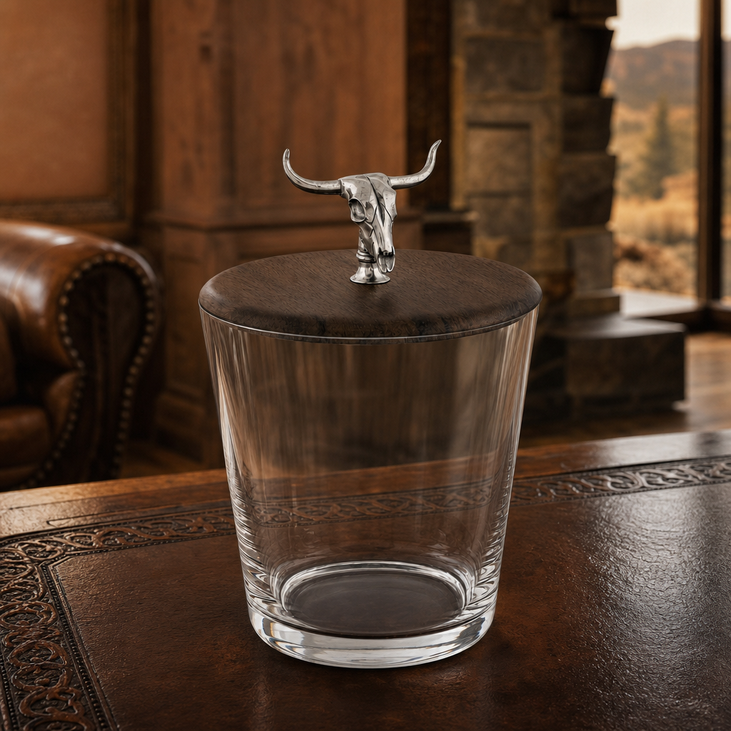 Hand Blown Glass Ice Bucket with Cow Skull Knob 8