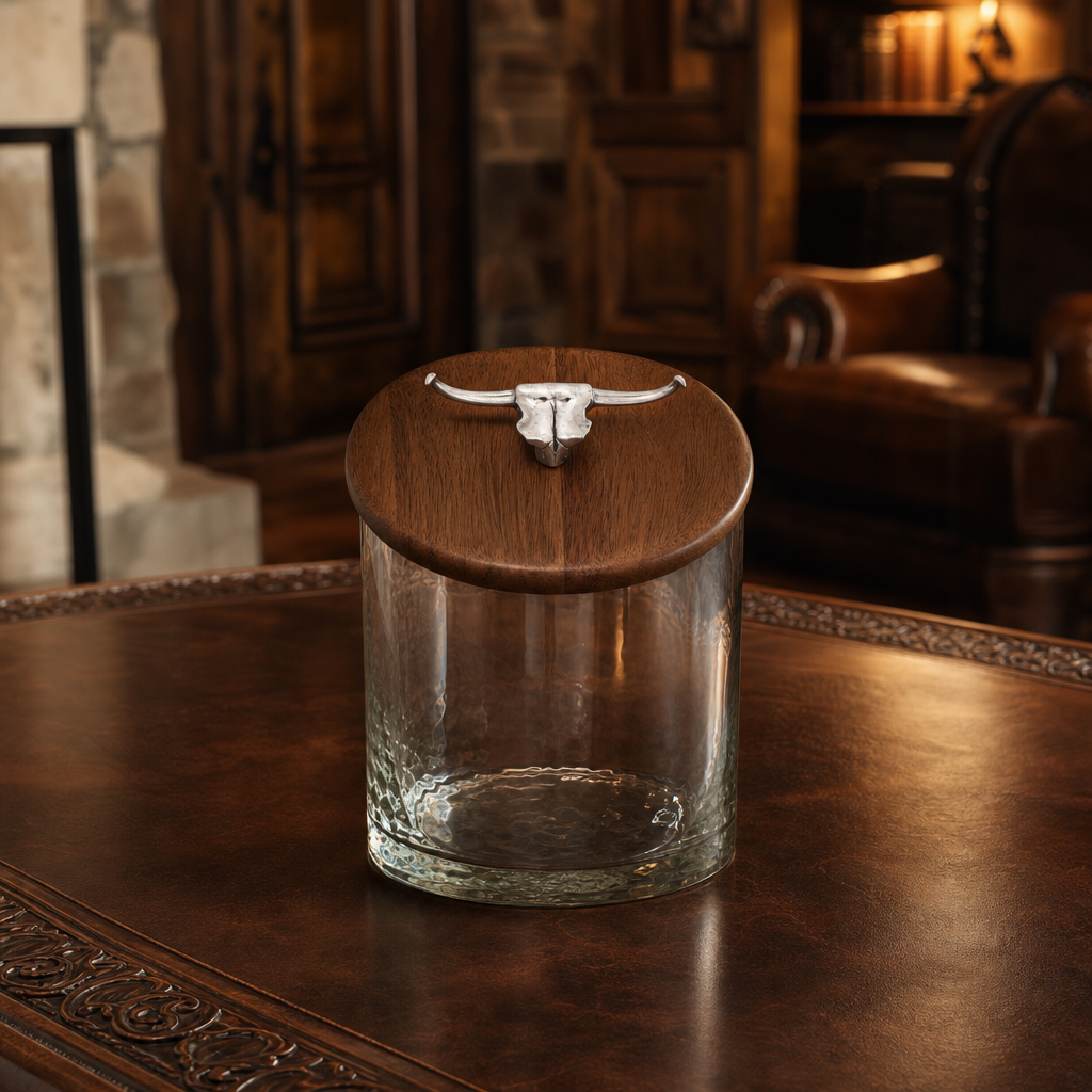 Hand Blown Glass Ice Bucket with Cow Skull Knob 9