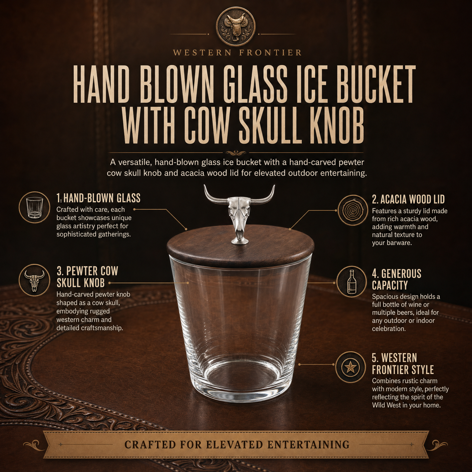 Hand Blown Glass Ice Bucket with Cow Skull Knob